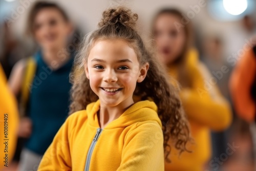 happy little girl in yellow hoodie looking at camera at school corridor