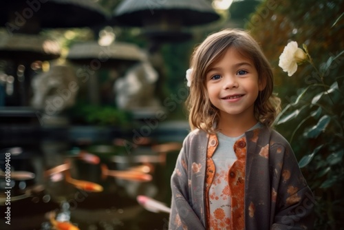 Portrait of a cute little girl in a Japanese koi garden