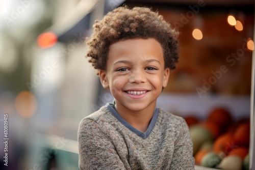 Portrait of a smiling little boy standing in front of a grocery store