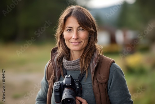 Portrait of smiling female photographer with digital camera in the countryside. © Robert MEYNER