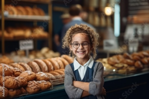 Stampa su tela Medium shot portrait photography of a pleased child female that is wearing a classic blazer against a busy bakery with freshly baked goods and bakers at work background