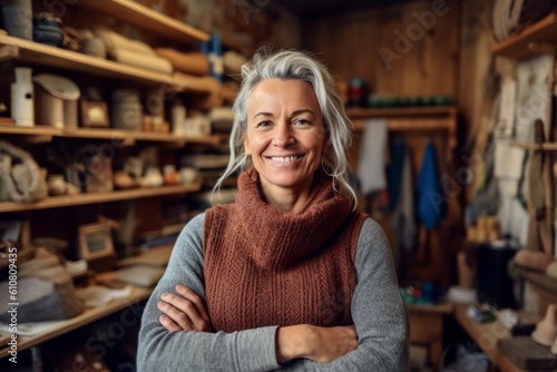 Portrait of smiling mature woman standing with arms crossed in her workshop