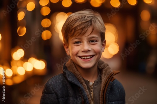 Portrait of a cute little boy in the city at Christmas time