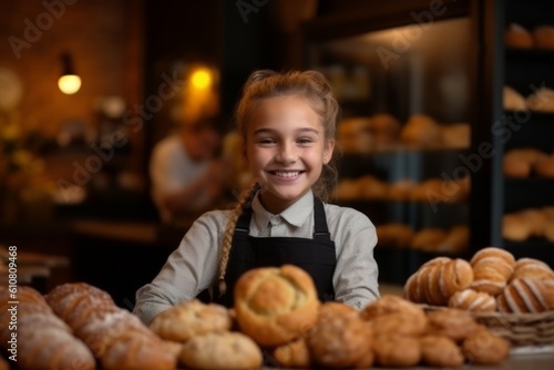 Fotografia Medium shot portrait photography of a pleased child female that is wearing a classic blazer against a busy bakery with freshly baked goods and bakers at work background