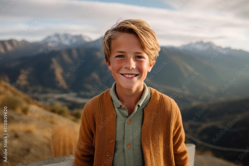 Portrait of a smiling boy standing on a terrace in the mountains Portrait of a smiling boy standing on a terrace in the mountains
