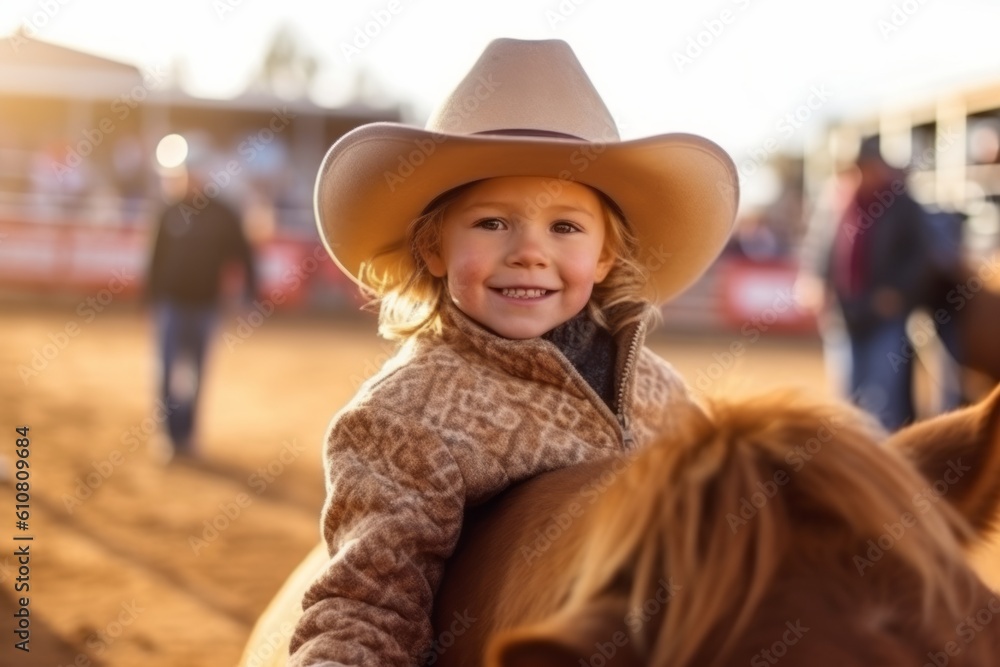 Adorable little girl wearing cowboy hat riding a horse at rodeo