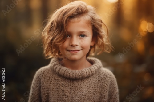 Portrait of a beautiful little girl in a knitted sweater in the autumn forest.
