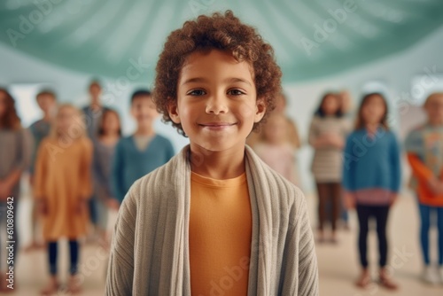 Portrait of a cute African-American boy standing in front of his friends