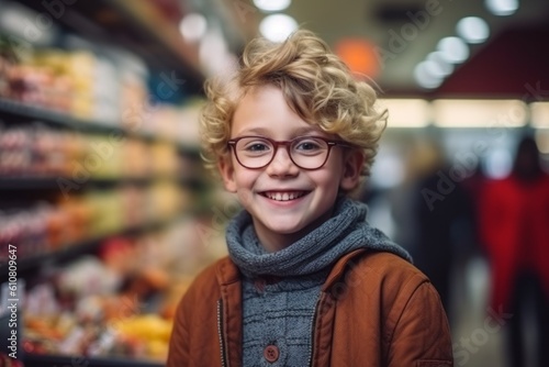 Portrait of smiling boy in eyeglasses looking at camera in supermarket