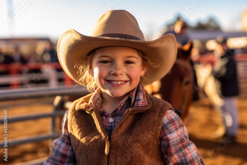 Medium shot portrait photography of a pleased child female that is wearing a cozy sweater against a lively rodeo event with barrel racing and bull riding background . Generative AI