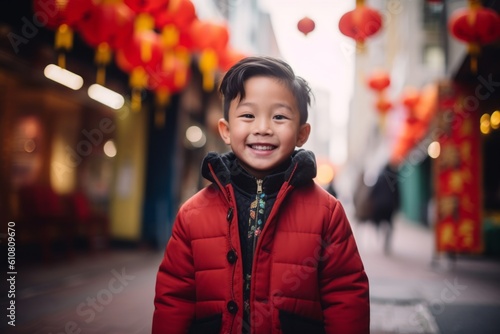 Portrait of asian boy in red jacket on the street.