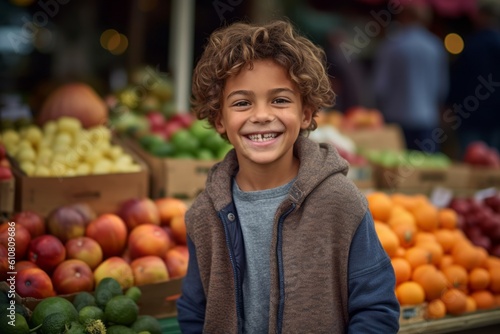 Portrait of smiling boy at market stall with fruits and vegetables in background