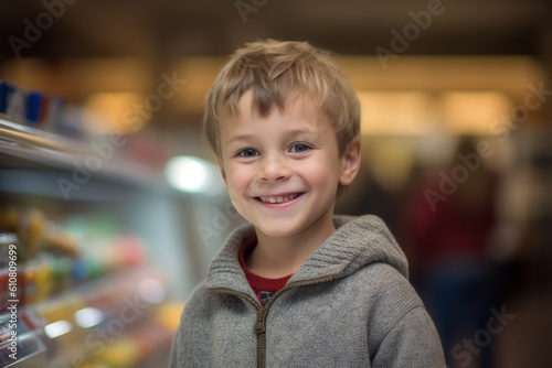 Portrait of a smiling boy standing in supermarket, looking at camera