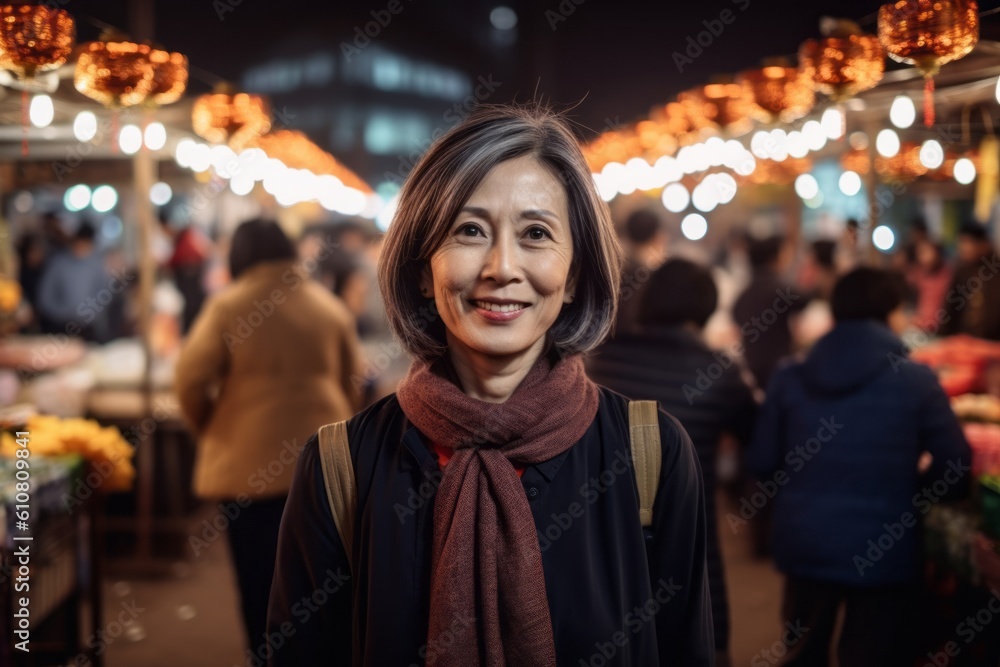 Portrait of a happy Asian woman shopping at the night market.