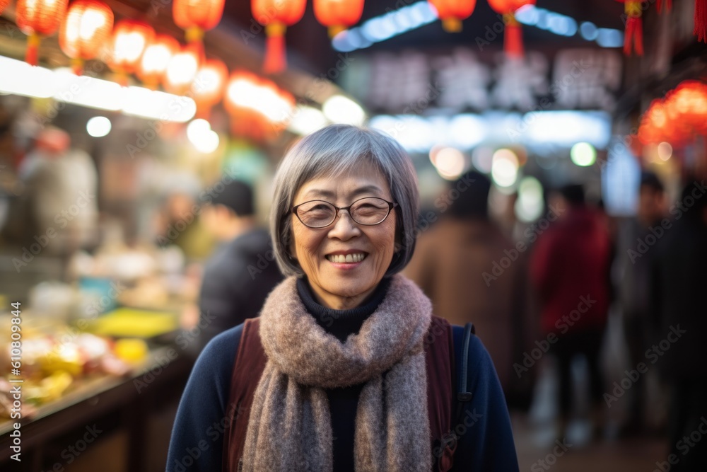 Portrait of a senior asian woman walking in the street at night Portrait of a senior asian woman walking in the street at night