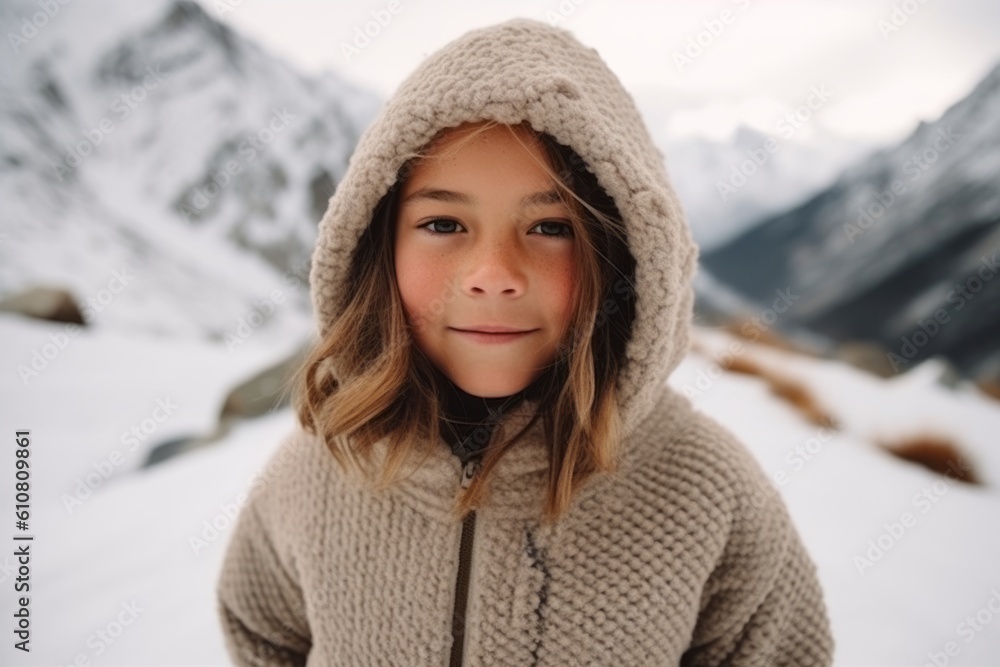 Cute little girl in a warm sweater and hat on the background of mountains Cute little girl in a warm sweater and hat on the background of mountains