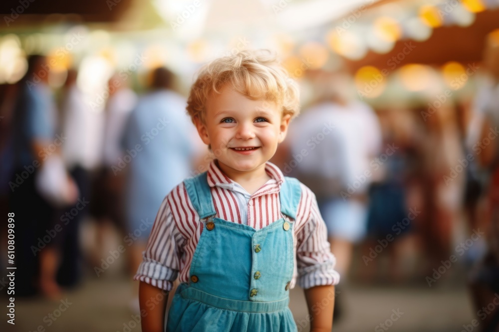 Medium shot portrait photography of a grinning child male that is wearing a trendy jumpsuit against a lively oktoberfest celebration with attendees in traditional attire background . Generative AI Medium shot portrait photography of a grinning child male that is wearing a trendy jumpsuit against a lively oktoberfest celebration with attendees in traditional attire background . Generative AI