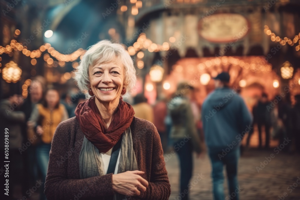 Fototapeta premium Portrait of happy senior woman on Christmas market in Paris, France