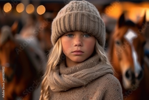 Portrait of a cute little girl in a warm hat and scarf against the background of horses.