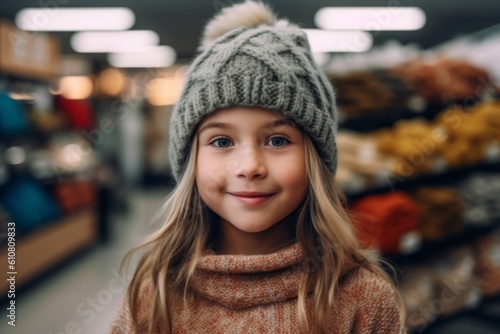 Medium shot portrait photography of a pleased child female that is wearing a cozy sweater against a supermarket checkout background .  Generative AI © Leon Waltz