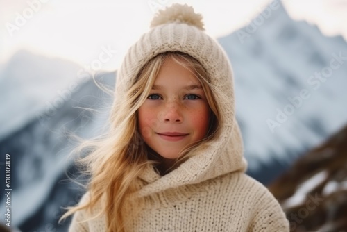 Portrait of a cute little girl in a knitted hat and sweater on the background of mountains