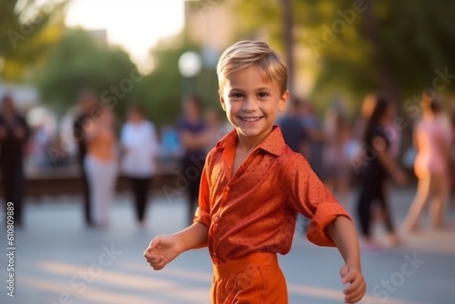 Cute little boy running on the street in the city at sunset