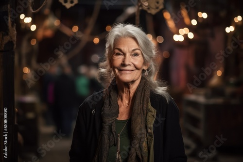 Portrait of a smiling senior woman at Christmas market in the city