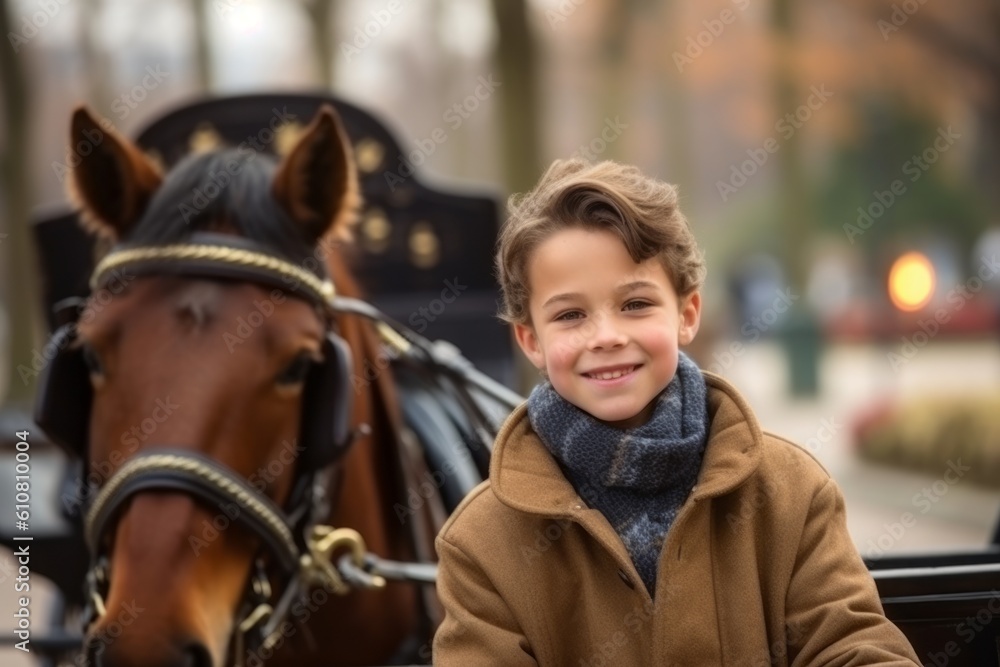 Portrait of a boy with a horse in a carriage on the street