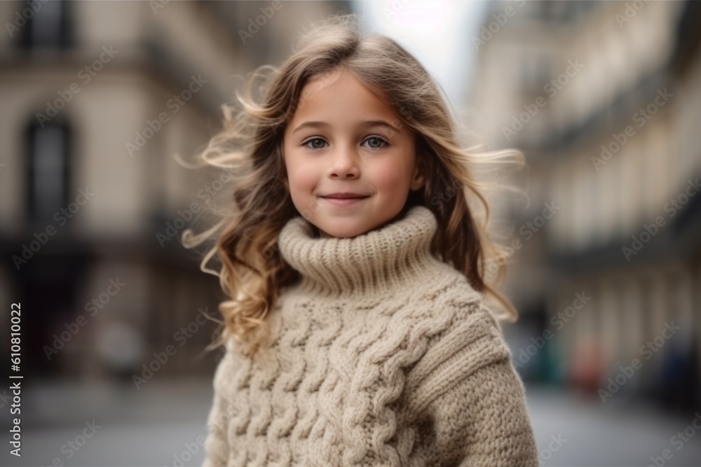 Portrait of a beautiful little girl in a warm knitted sweater on the street.