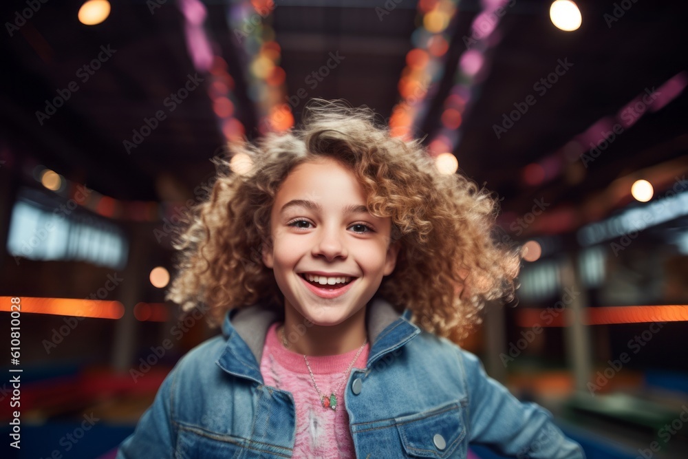 portrait of smiling girl with curly hair in amusement park at night portrait of smiling girl with curly hair in amusement park at night