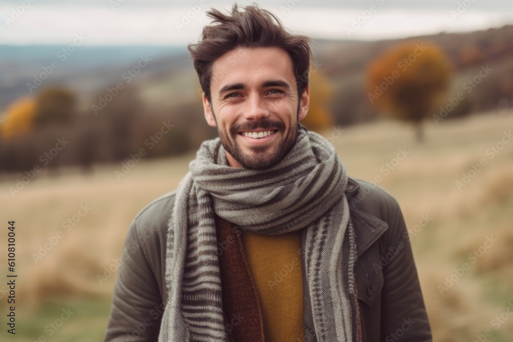 Portrait of a handsome young man wearing scarf and coat standing outdoors Portrait of a handsome young man wearing scarf and coat standing outdoors