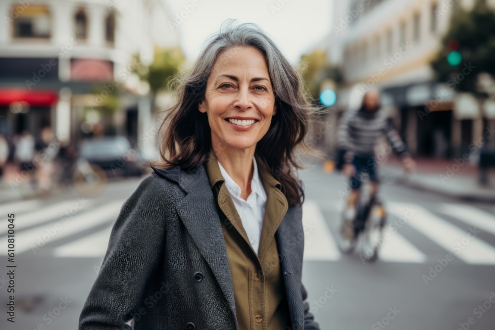 Medium shot portrait photography of a pleased woman in her 50s that is wearing a classic blazer against a bustling city intersection with cyclists and pedestrians background . Generative AI Medium shot portrait photography of a pleased woman in her 50s that is wearing a classic blazer against a bustling city intersection with cyclists and pedestrians background . Generative AI