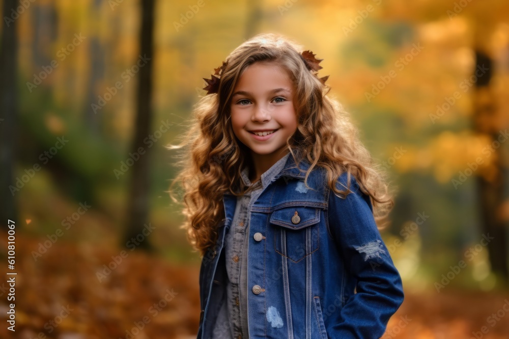 Portrait of a beautiful little girl in the autumn forest. Selective focus. Portrait of a beautiful little girl in the autumn forest. Selective focus.