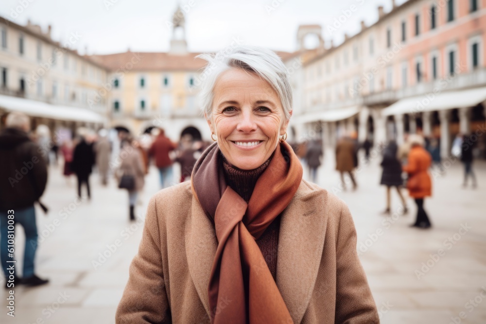 Portrait of smiling senior woman in coat and scarf in Venice, Italy