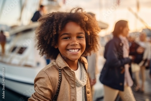 Medium shot portrait photography of a pleased child female that is wearing a denim jacket against a luxurious yacht party with people mingling background . Generative AI