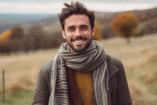 Portrait of a handsome young man wearing scarf and coat standing outdoors