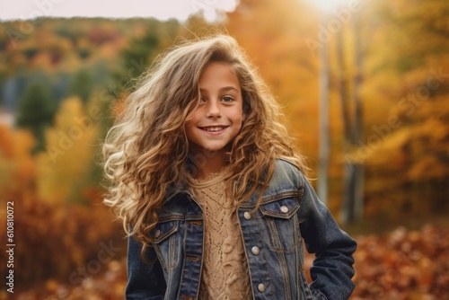 Cute little girl with long curly hair in a denim jacket in autumn park