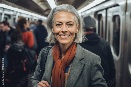 senior woman in subway train looking at camera and smiling at camera