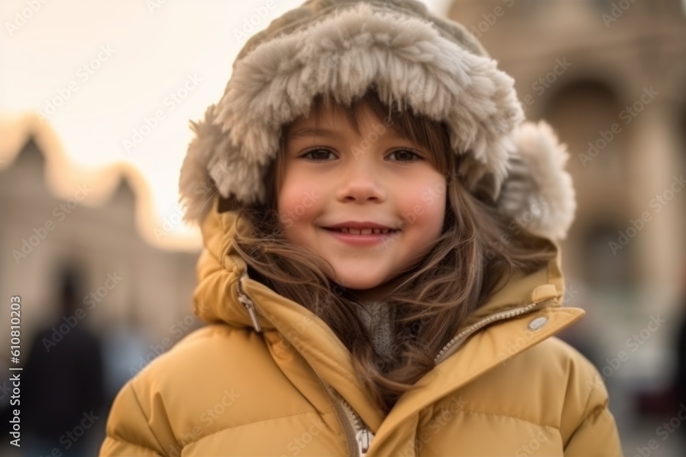 Portrait of a cute little girl in a fur hat on the street Portrait of a cute little girl in a fur hat on the street