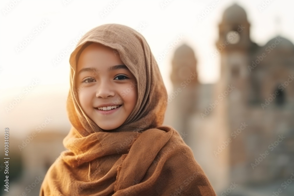 Medium shot portrait photography of a pleased child female that is wearing hijab against a historic castle with knights and nobility background . Generative AI Medium shot portrait photography of a pleased child female that is wearing hijab against a historic castle with knights and nobility background . Generative AI