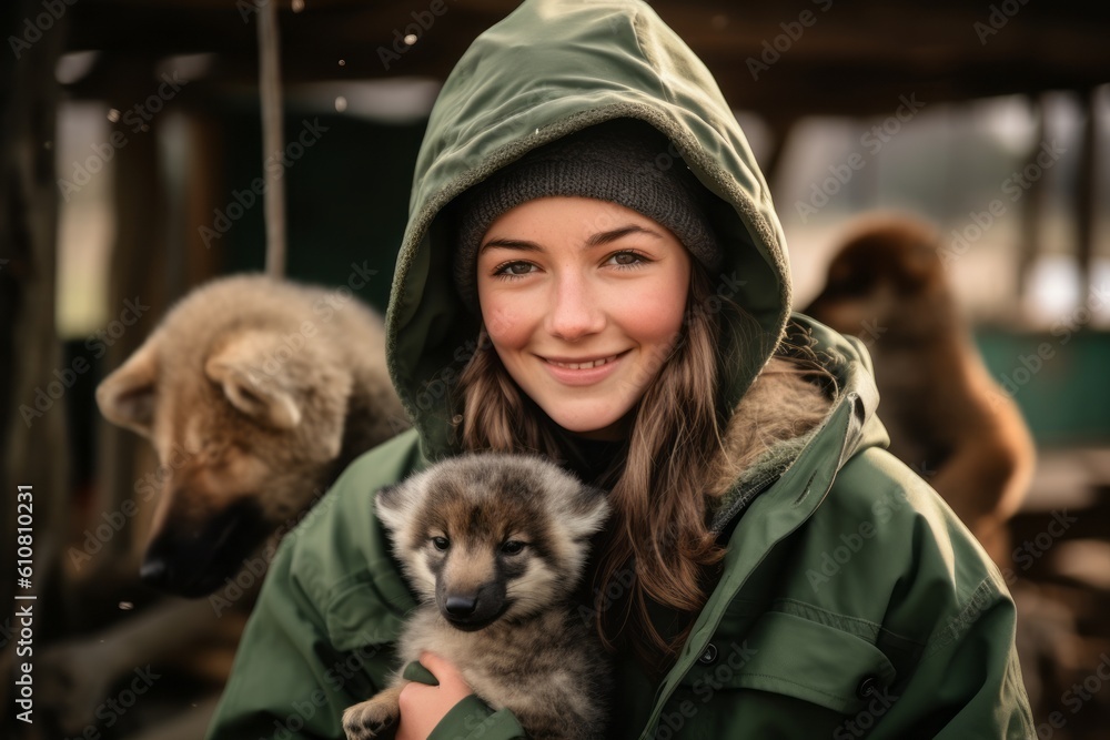 Portrait of a girl in a green jacket with a puppy in her arms Portrait of a girl in a green jacket with a puppy in her arms