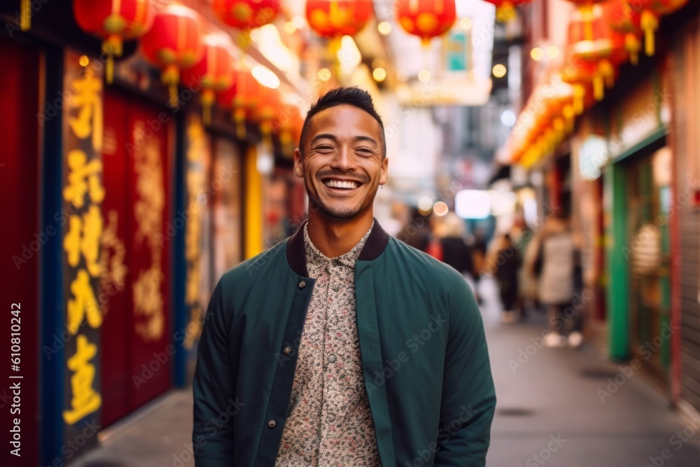 Portrait of a young man smiling in Chinatown, Shanghai, China Portrait of a young man smiling in Chinatown, Shanghai, China