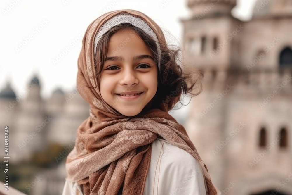 cute little muslim girl in hijab smiling at camera while standing on bridge cute little muslim girl in hijab smiling at camera while standing on bridge