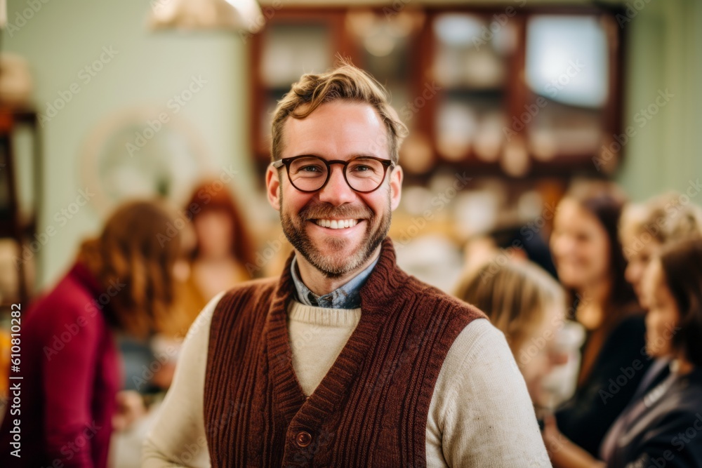 Portrait of smiling handsome man in eyeglasses looking at camera in cafe Portrait of smiling handsome man in eyeglasses looking at camera in cafe