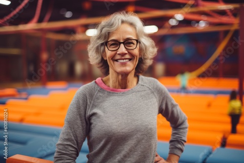 Medium shot portrait photography of a pleased woman in her 50s that is wearing a cozy sweater against a high-energy indoor trampoline park with jumpers background .  Generative AI © Robert MEYNER