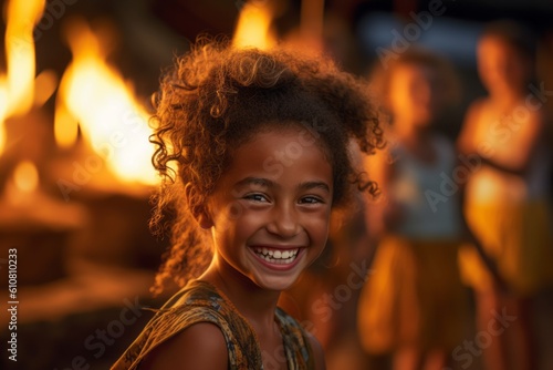 Portrait of smiling african american woman in front of fire