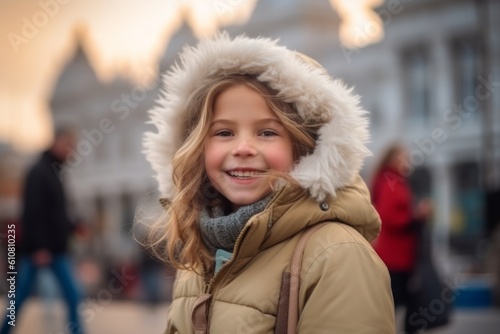 Medium shot portrait photography of a pleased child female that is wearing a warm parka against an iconic landmark on a busy tourist day background . Generative AI