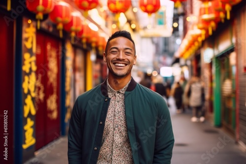 Portrait of a young man smiling in Chinatown, Shanghai, China