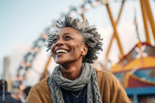 Portrait of a happy african american woman smiling at amusement park