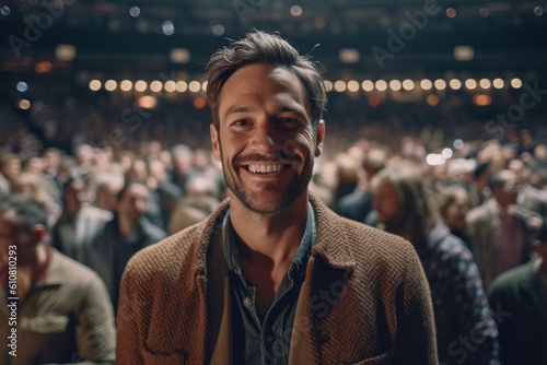 Medium shot portrait photography of a grinning man in his 30s that is wearing a chic cardigan against a crowded concert hall during a live performance background . Generative AI